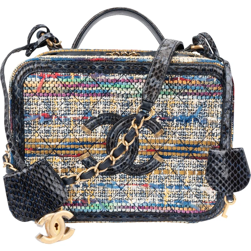 Chanel Multicolor Exotic Leather Tweed Python Top Handle Filigree Vanity Case Handbag