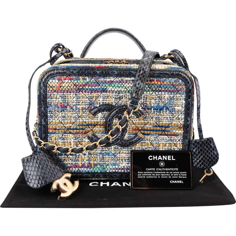 Chanel Multicolor Exotic Leather Tweed Python Top Handle Filigree Vanity Case Handbag