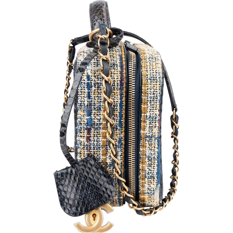 Chanel Multicolor Exotic Leather Tweed Python Top Handle Filigree Vanity Case Handbag