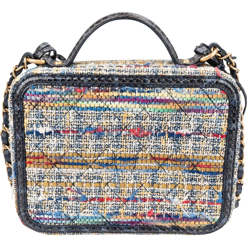 Chanel Multicolor Exotic Leather Tweed Python Top Handle Filigree Vanity Case Handbag
