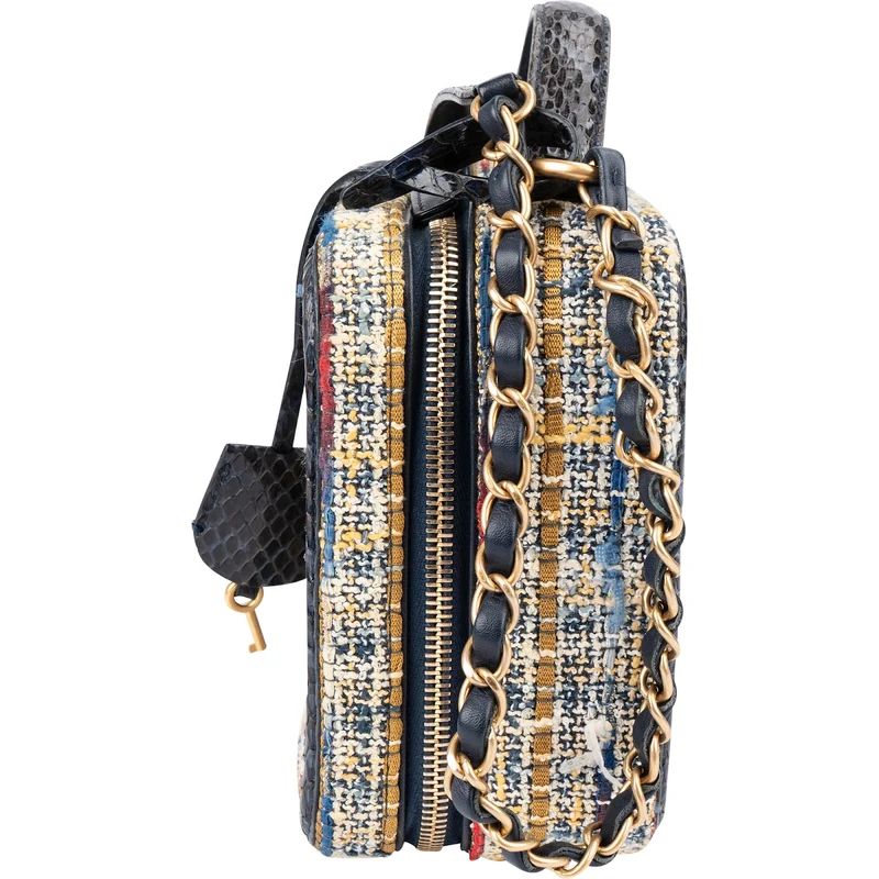 Chanel Multicolor Exotic Leather Tweed Python Top Handle Filigree Vanity Case Handbag