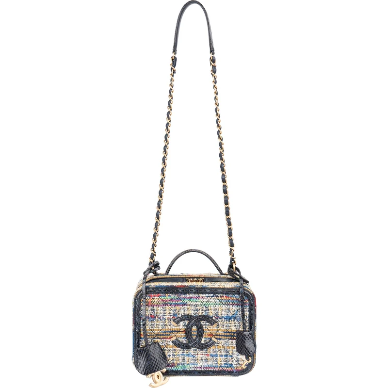Chanel Multicolor Exotic Leather Tweed Python Top Handle Filigree Vanity Case Handbag