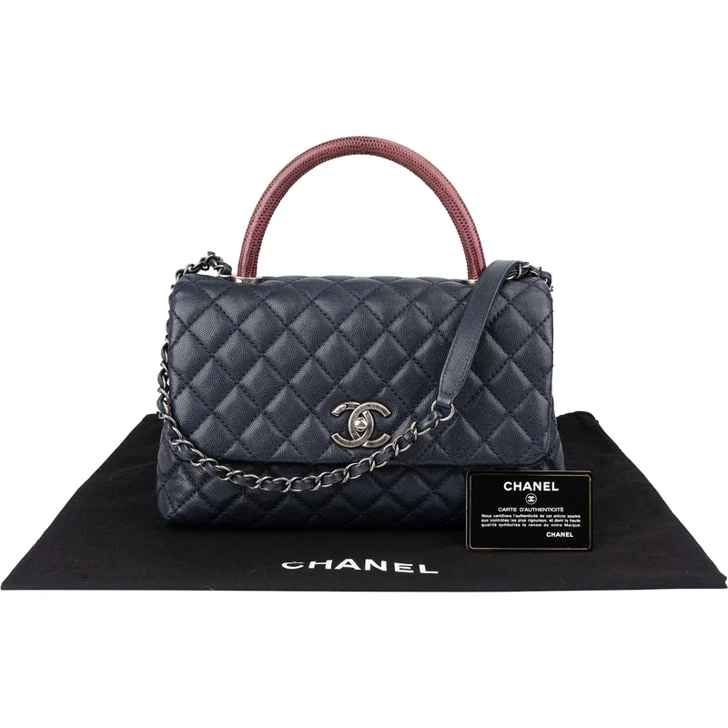 Chanel Quilted Caviar Leather Lizard Coco Handle Flap Handbag