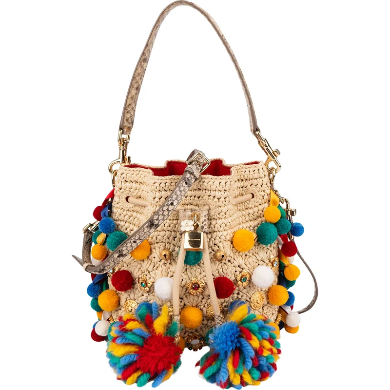 Dolce & Gabbana Raffia Claudia Pom-Pom Embellished Bucket Handbag
