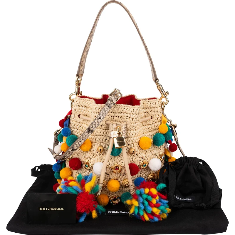 Dolce & Gabbana Raffia Claudia Pom-Pom Embellished Bucket Handbag
