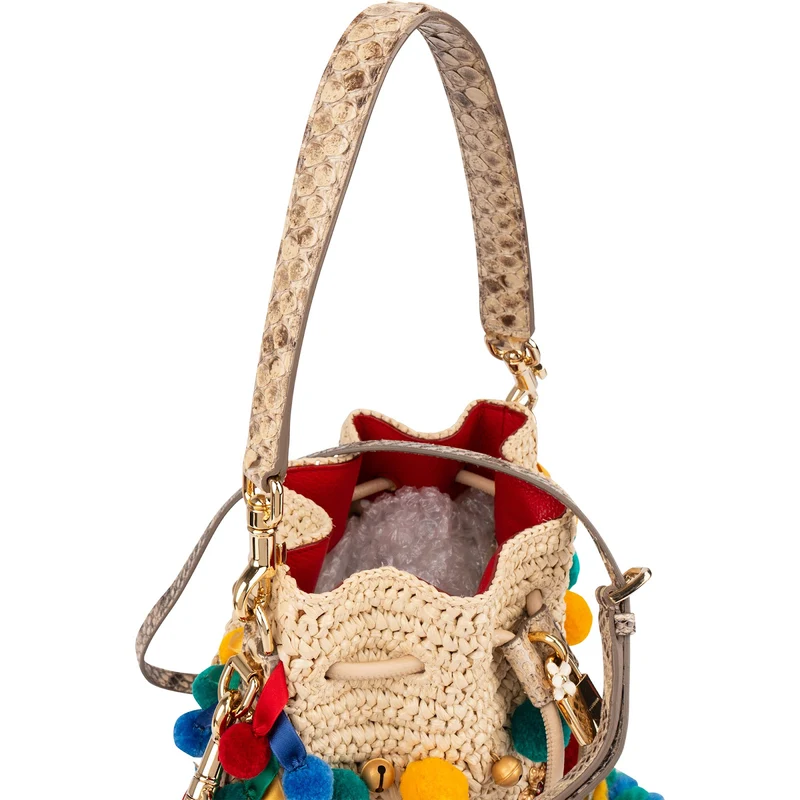 Dolce & Gabbana Raffia Claudia Pom-Pom Embellished Bucket Handbag