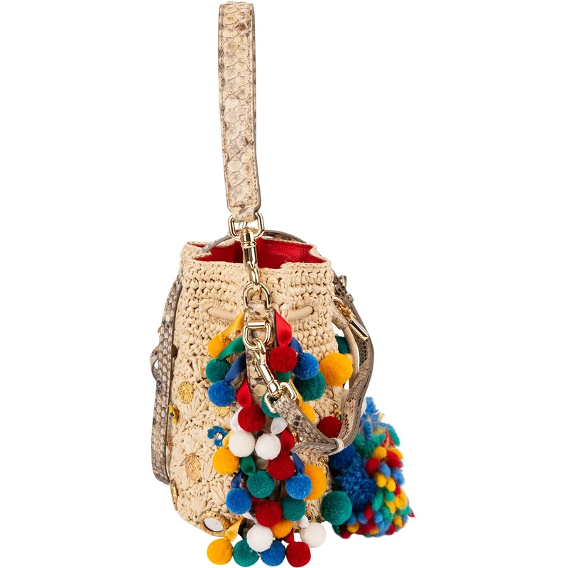 Dolce & Gabbana Raffia Claudia Pom-Pom Embellished Bucket Handbag