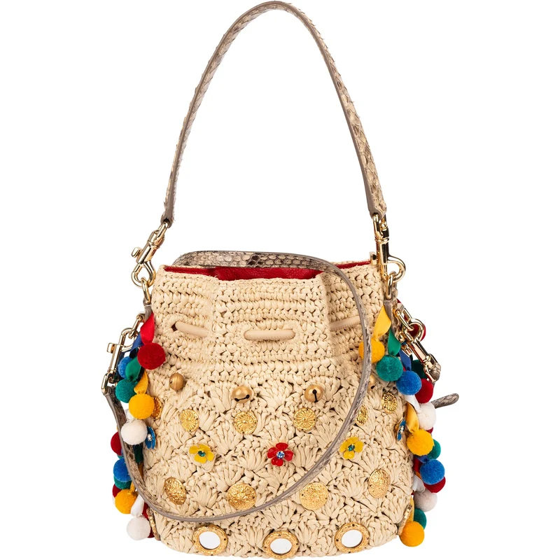 Dolce & Gabbana Raffia Claudia Pom-Pom Embellished Bucket Handbag