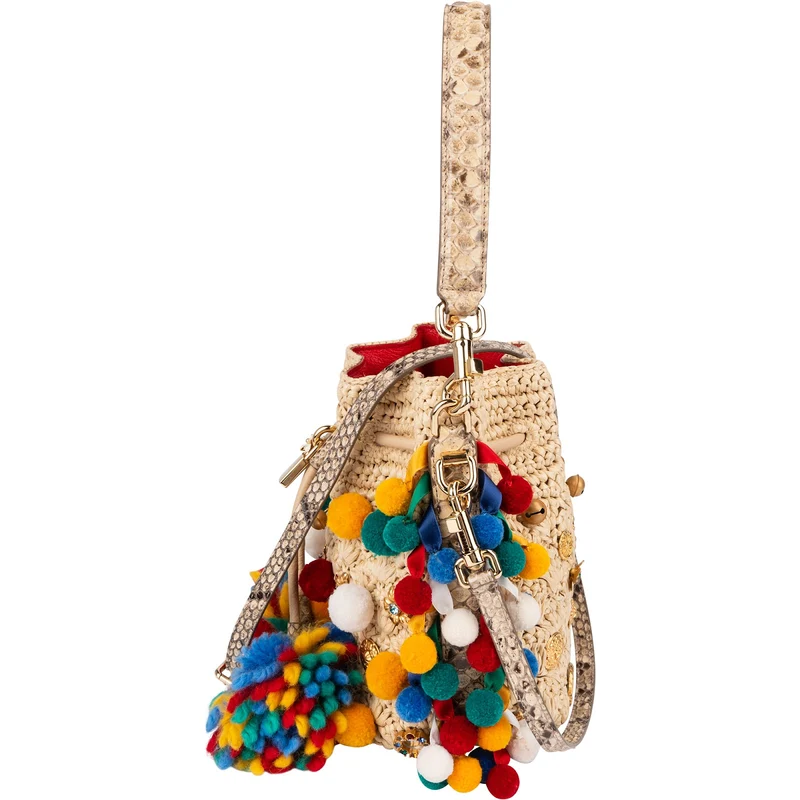 Dolce & Gabbana Raffia Claudia Pom-Pom Embellished Bucket Handbag