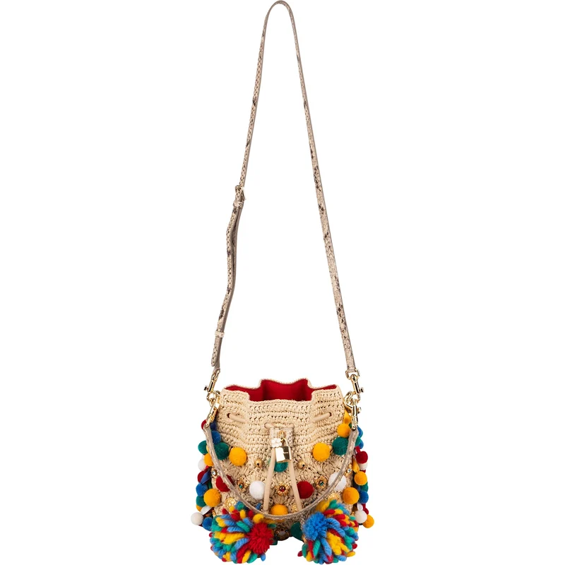 Dolce & Gabbana Raffia Claudia Pom-Pom Embellished Bucket Handbag