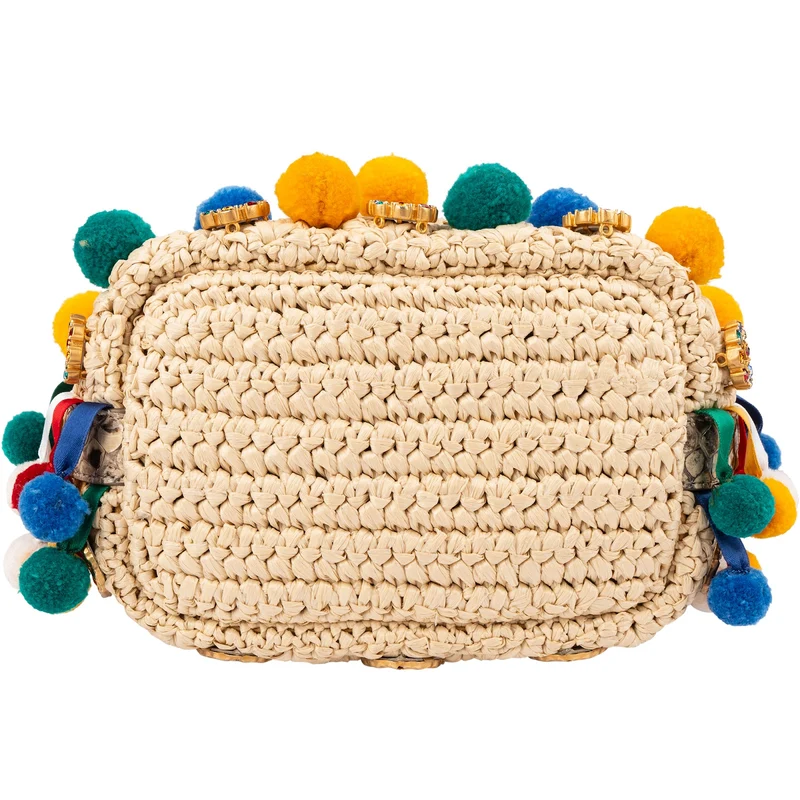 Dolce & Gabbana Raffia Claudia Pom-Pom Embellished Bucket Handbag