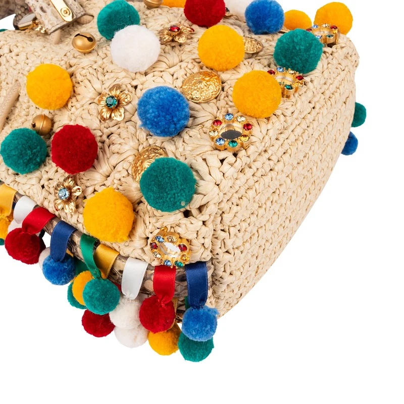 Dolce & Gabbana Raffia Claudia Pom-Pom Embellished Bucket Handbag
