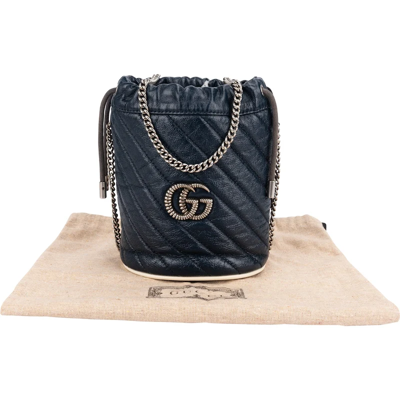 Gucci Matelassé Chevron Leather GG Marmont Mini Bucket Crossbody Bag