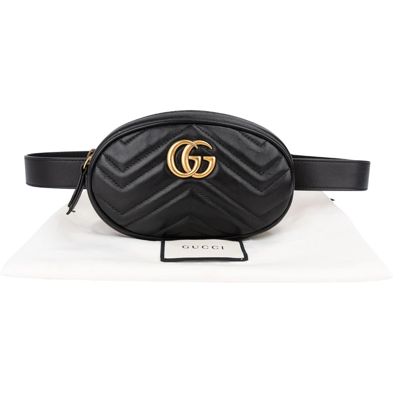 Gucci Black Matelassé Leather GG Marmont Crossbody Belt Bag