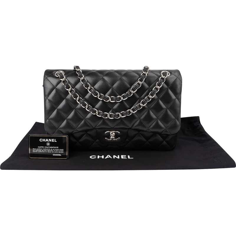 Chanel Quilted Lambskin Palladium Jumbo Double Flap Crossbody Bag