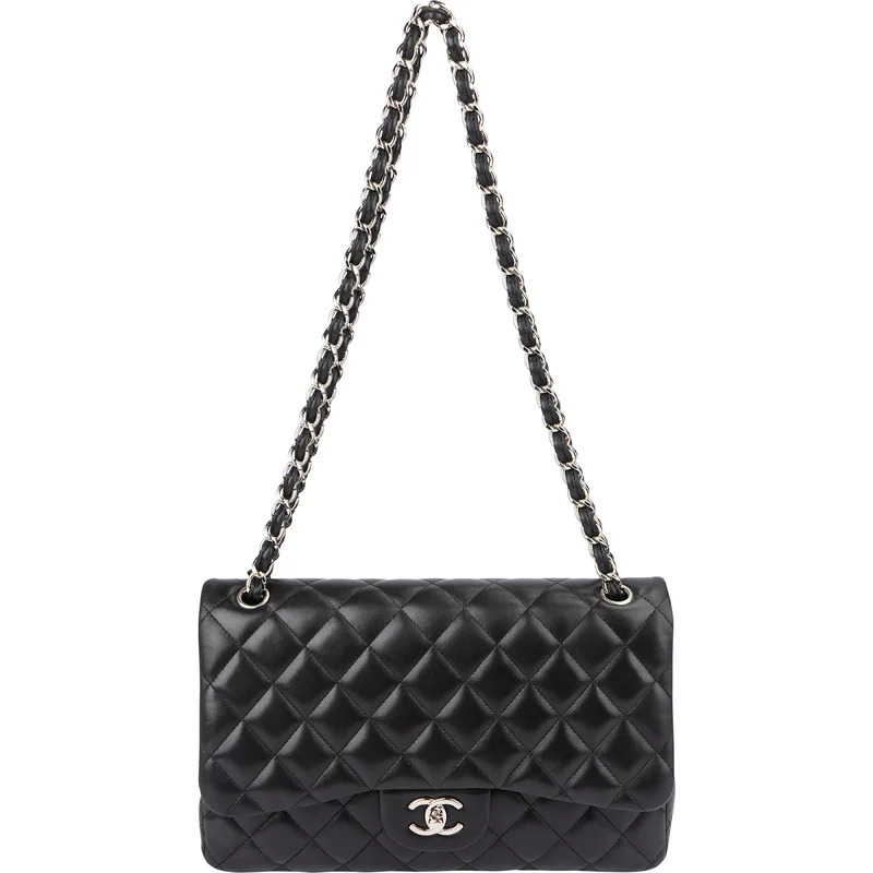 Chanel Quilted Lambskin Palladium Jumbo Double Flap Crossbody Bag