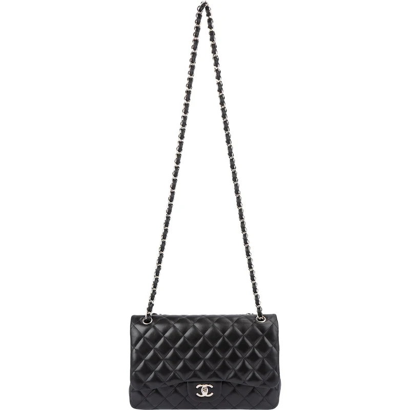 Chanel Quilted Lambskin Palladium Jumbo Double Flap Crossbody Bag