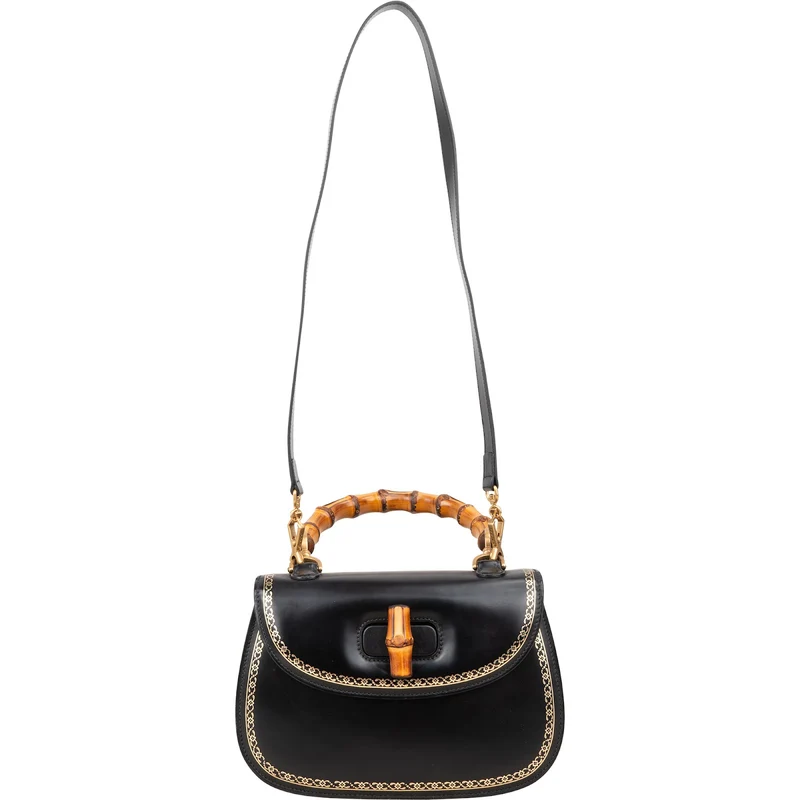 Gucci Black Leather Monogram Bamboo Top Handle 1947 Handbag