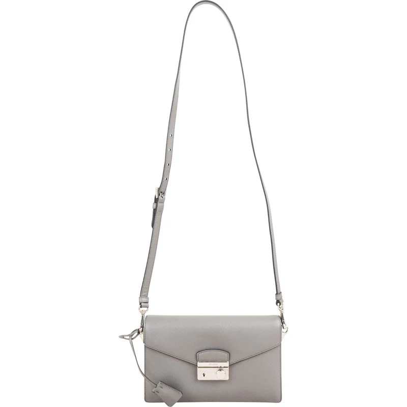 Prada Grey Saffiano Leather Lock Crossbody Bag