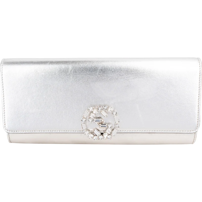 Gucci Metallic Silver Leather Crystal GG Broadway Clutch