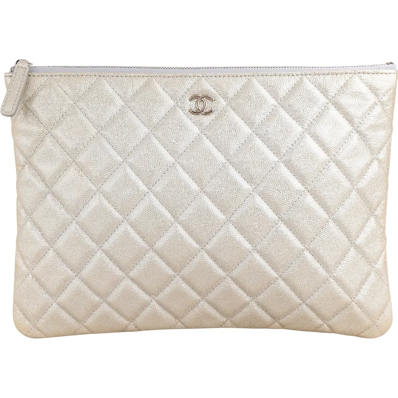 Chanel Quilted Metallic Glittered Caviar Leather CC Clutch