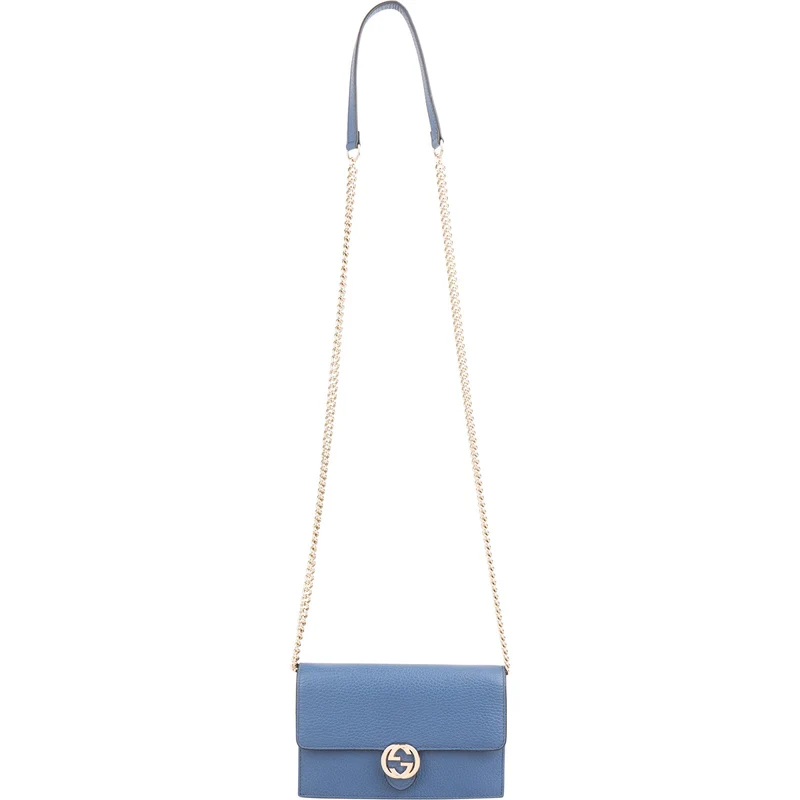 Gucci Grained Leather Interlocking GG Walet On Chain Crossbody Bag