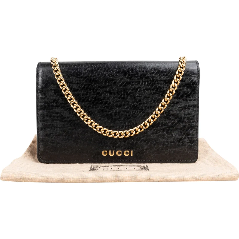 Gucci Black Grained Leather Wallet On Chain Crossbody Bag