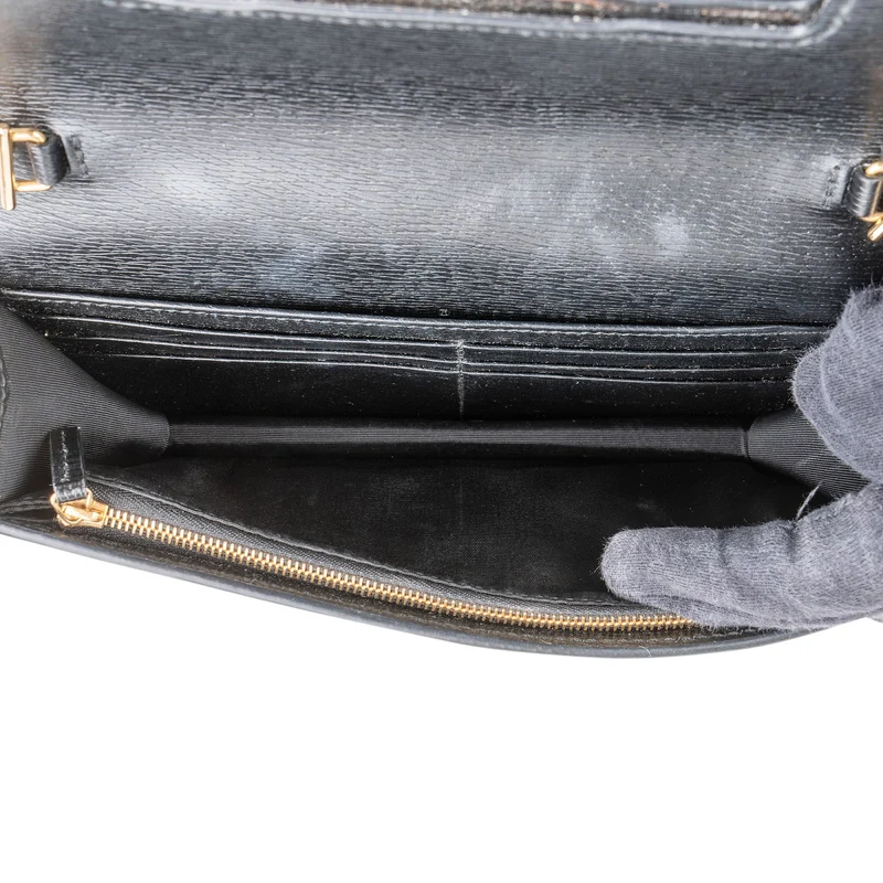 Gucci Black Grained Leather Wallet On Chain Crossbody Bag