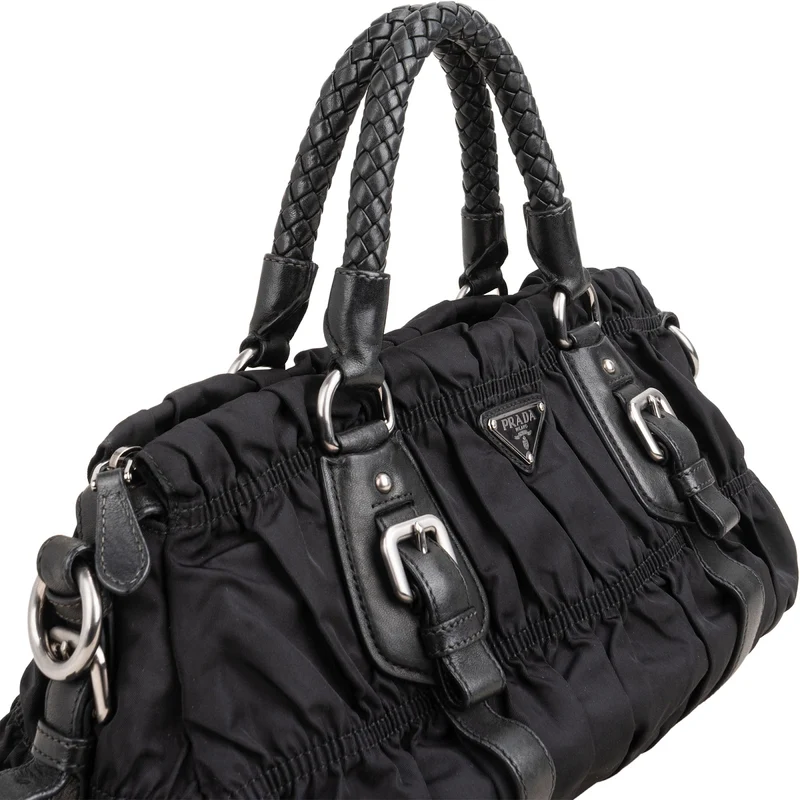 Prada Tessuto Gaufre Triangle Woven Handle Satchel Handbag