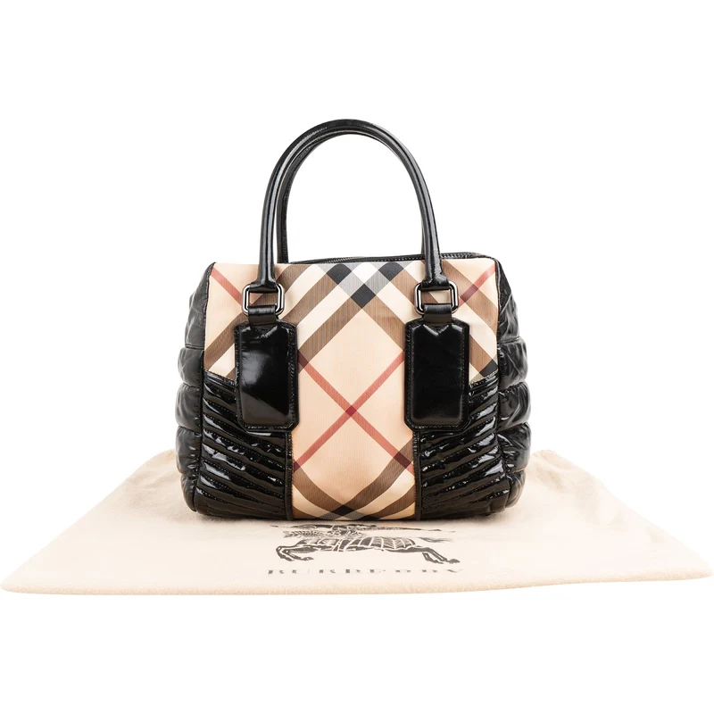 Burberry Quilted Patent Leather Heymarket Check Tote Shoulder Bag