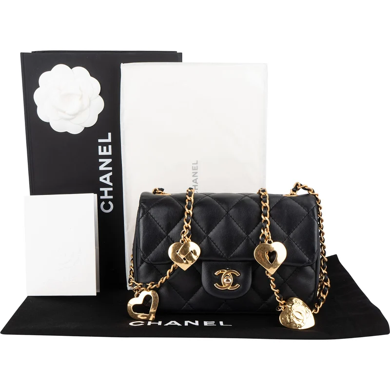 Chanel Quilted Lambskin Heart Charms Mini Rectangular Single Flap Crossbody Bag