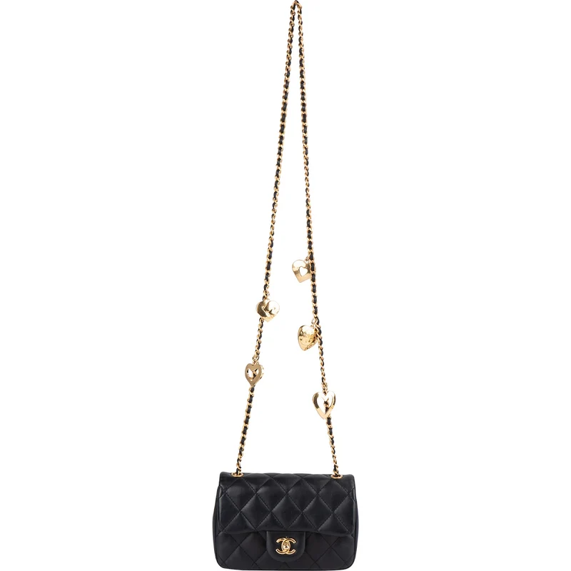 Chanel Quilted Lambskin Heart Charms Mini Rectangular Single Flap Crossbody Bag