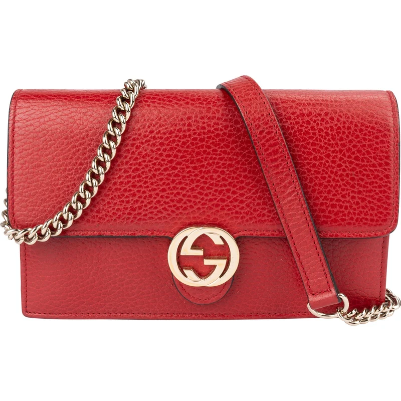 Gucci Pebbled Leather Interlocking GG Wallet On Chain Crossbody Bag