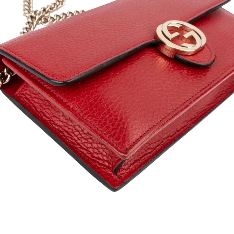 Gucci Pebbled Leather Interlocking GG Wallet On Chain Crossbody Bag
