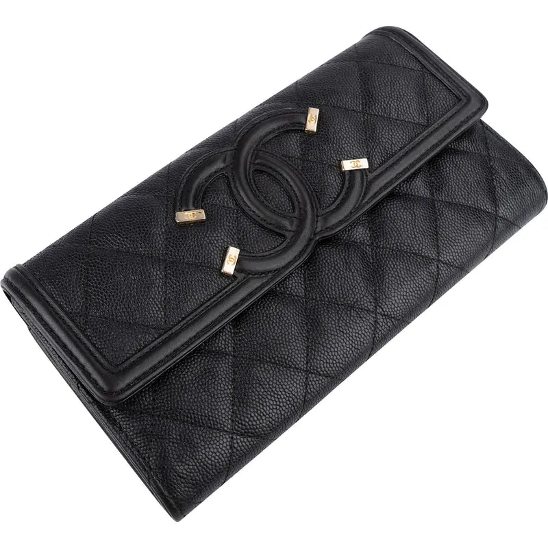 Chanel Quilted Caviar Leather CC Filigree Flap Wallet