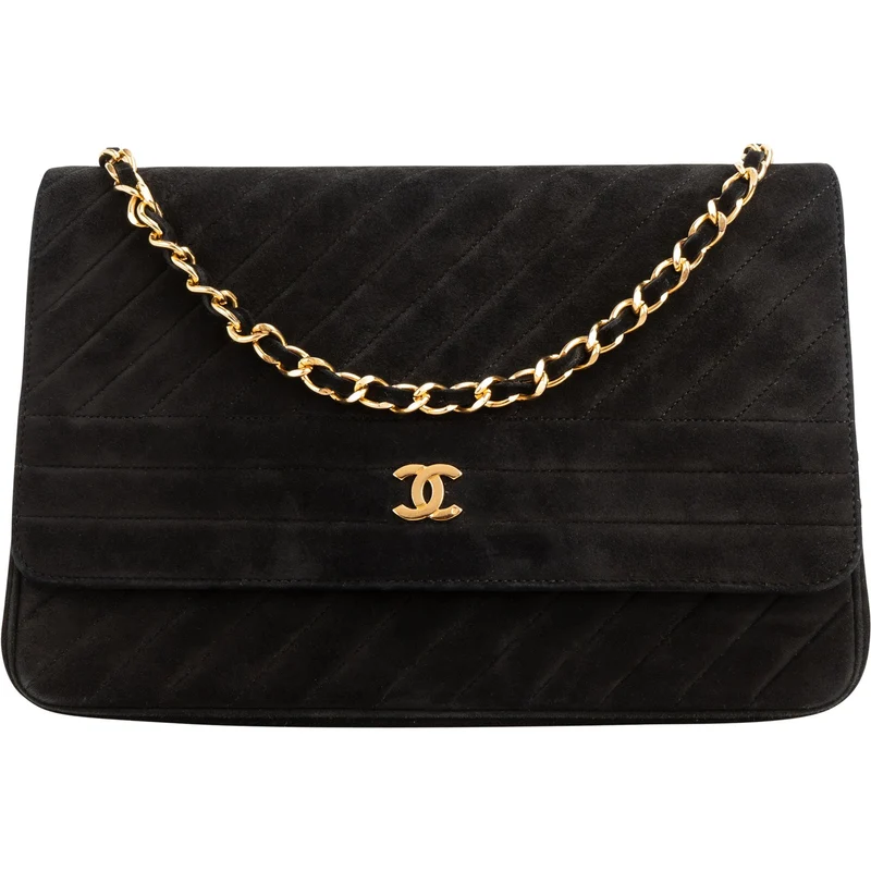 Chanel Quilted Chevron Suede 24K Gold Vintage Single Flap Shoulder Bag