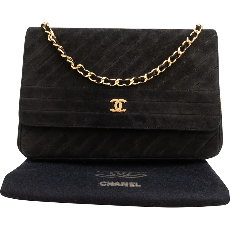 Chanel Quilted Chevron Suede 24K Gold Vintage Single Flap Shoulder Bag