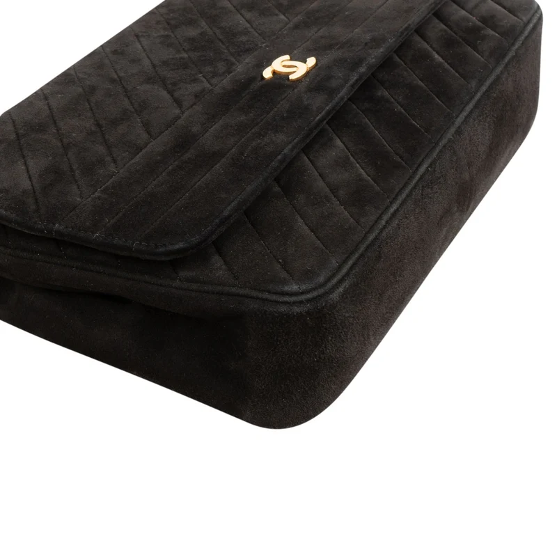 Chanel Quilted Chevron Suede 24K Gold Vintage Single Flap Shoulder Bag