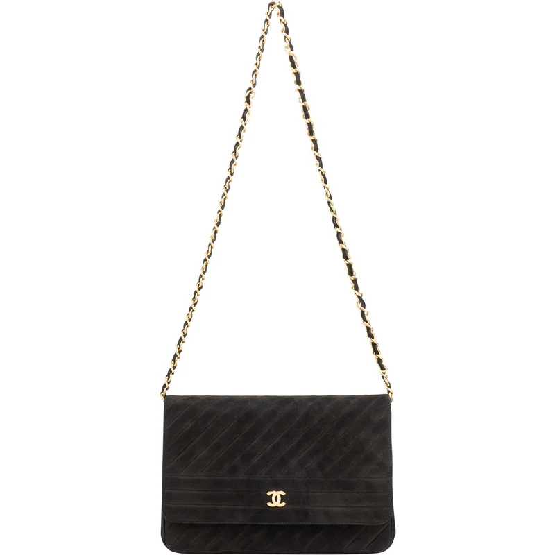 Chanel Quilted Chevron Suede 24K Gold Vintage Single Flap Shoulder Bag