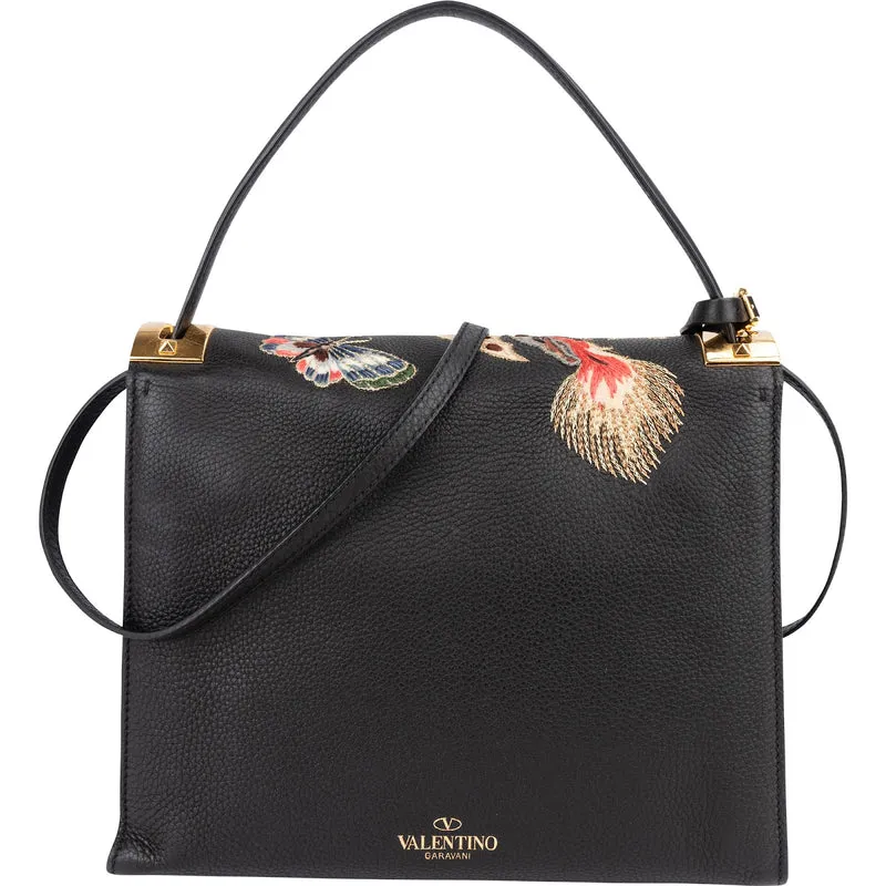 Valentino Black Leather Animal Fantasia Embroidered Joylock Top Handle Handbag