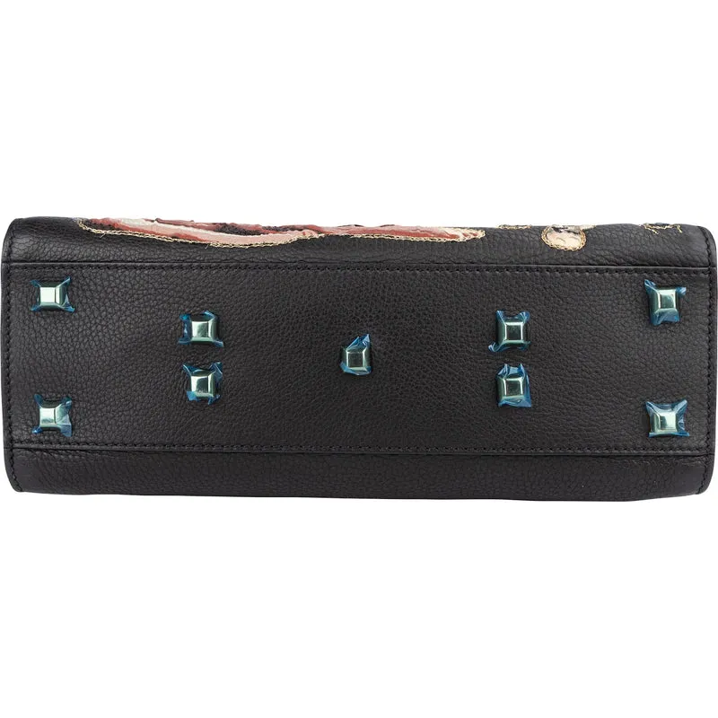 Valentino Black Leather Animal Fantasia Embroidered Joylock Top Handle Handbag