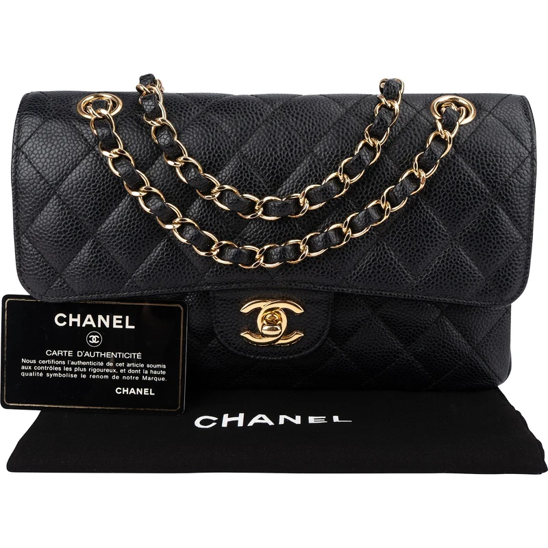 Chanel Quilted Caviar Leather Gold Small Double Flap Shoulder Bag