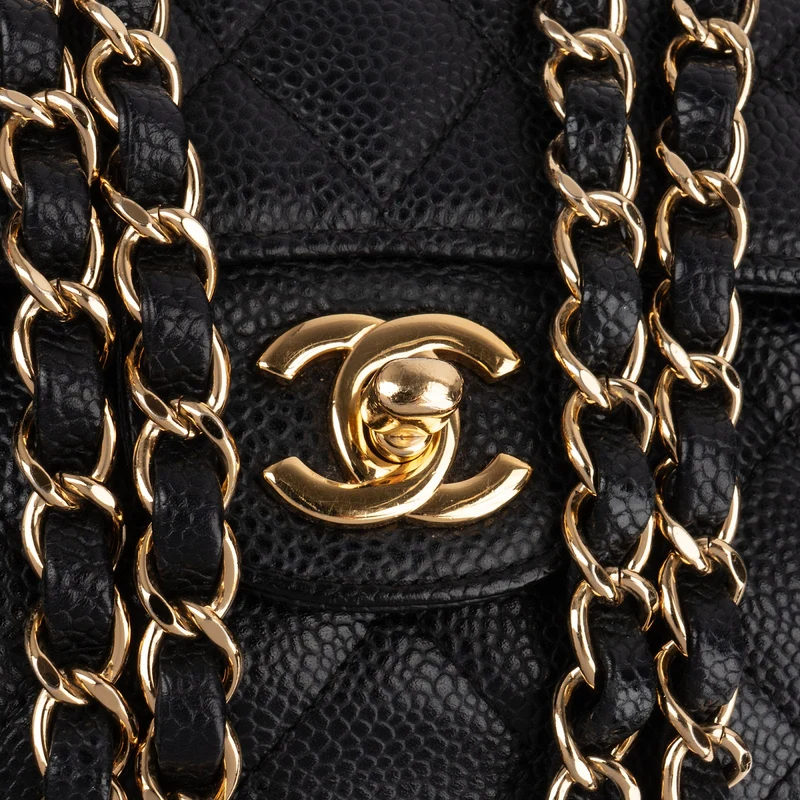 Chanel Quilted Caviar Leather Gold Small Double Flap Shoulder Bag