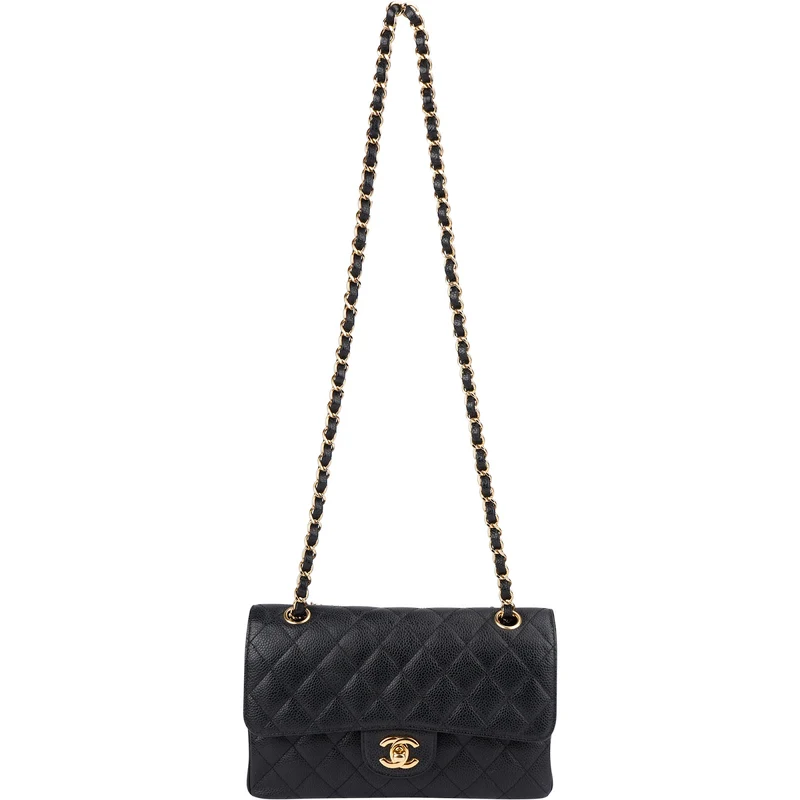 Chanel Quilted Caviar Leather Gold Small Double Flap Shoulder Bag