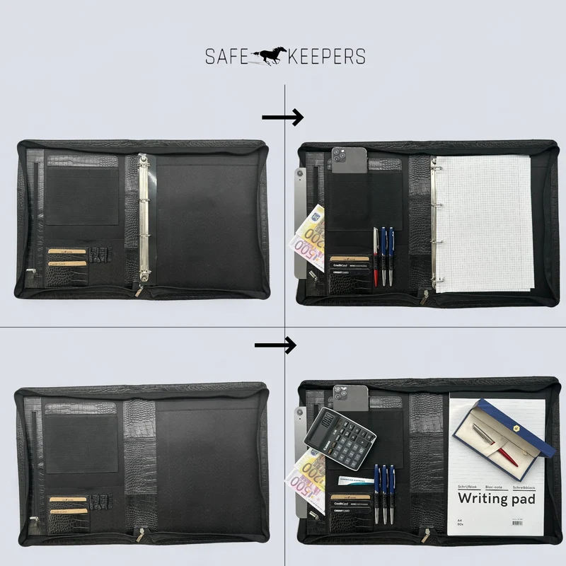 Safekeepers Schreibmappe A4 mit Ringmechanik - Schreibmappe mit Griff - Schreibmappe A4 mit Reißverschluss - Konferenzmappe mit Waterman Stift