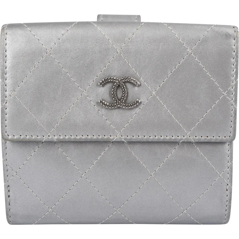 Chanel Quilted Metallic Silver Leather Compact CC Wallet