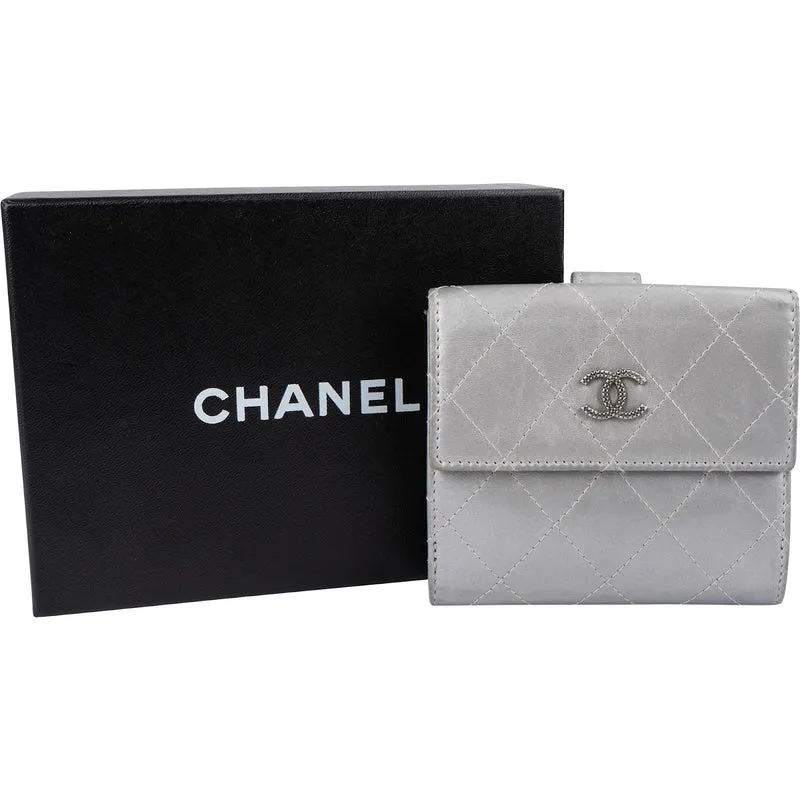 Chanel Quilted Metallic Silver Leather Compact CC Wallet