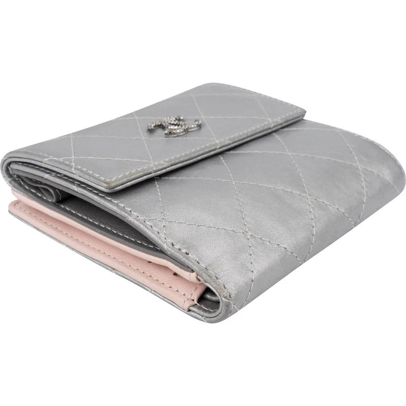 Chanel Quilted Metallic Silver Leather Compact CC Wallet