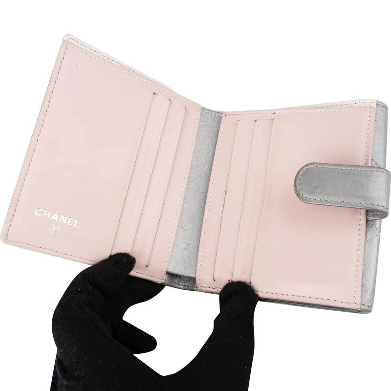Chanel Quilted Metallic Silver Leather Compact CC Wallet