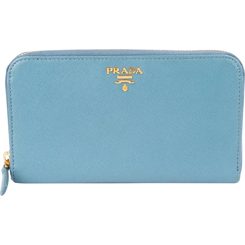 Prada Blue Saffiano Leather Zip Around Wallet